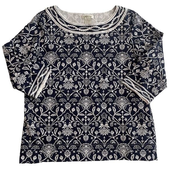 ORVIS Damask Jacquard Floral Top Blue White Size Large - Picture 1 of 6